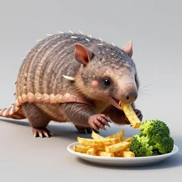 an armadillo eating fries with broccoli, unreal engine