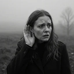 award winning photo of some despair as lars von trier would depict it, she is 2 3 and listens to prurient, photo, black and white, the background is unsafe, insanely detailed, foggy like in norwegian black metal aesthetic