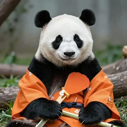 A panda wearing an orange kimono
