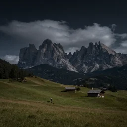 dolomites, pastures, alps, alp, stars, dark, eerie, clouds that look like krampus, despair, portrait photography, artstation, highly detailed, sharp focus, 1 9 2 0 s photography, by cronneberg