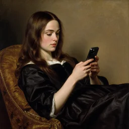 a pre raphaelite painting of keira knightley lazily looking at her iphone by dante gabriel rossett