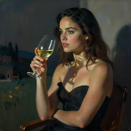 Ana de Armas having a glass of wine in the style of Gil Elvgren