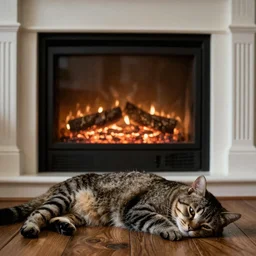 album cover of a sad tabby cat lying in front of fireplace, photorealistic