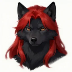 character concept art of a black anthropomorphic furry male wolf with long red hair | | cute - fine - face, pretty face, key visual, realistic shaded perfect face, fine details by stanley artgerm lau, wlop, rossdraws, james jean, andrei riabovitchev, marc simonetti, and sakimichan, trending on artstation