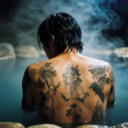 photography the back full of tattoos of a yakuza in an onsen at night in the style of daido moriyama, smoke, 8 0 mm lens, grainy wb image, close up view