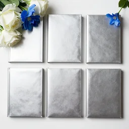 flatlay silver book collection, vivid colors, dramatic lighting, white and blue flowers