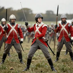Joan of Arc fighting an English Redcoat soldier, colour war photography by Annie Leibovitz