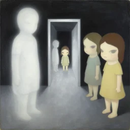 a painting by chiho aoshima, yoshitomo nara and aya takano, ethereal, silver, the portal to the portal, dark, chiaroscuro, nacre, pastel colors, the effect of guidance on a class. the leftmost process epic painting of ancient god shaped like an white pure estructure of peter mohrbacher, + trending of a nostalgic nacar and