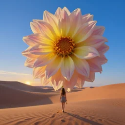 closeup large dahlia flower under head, a girl walking between dunes, surreal photography, sunrise, blue sky, dramatic light, impressionist painting, digital painting, artstation, simon stalenhag