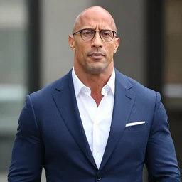 ultra credible rock dwayne johnson in a dapper suit and fine benetton glasses, rock as a sophisticated urban intellectual, DSLR photo