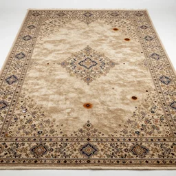 an empty hall with a big worn out persian carpet. holes in the carpet, signs of rust and footprints. three windows. a lost soul in the middle of the hall. hyper realistic wide angle shot with lots of detail.