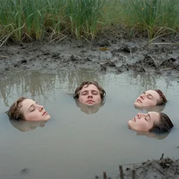 movie still by tarkovsky of faces that are floting in a mud pond, swamp backround, cinestill 8 0 0 t 3 5 mm b & w, heavy grain, high quality, noir, natural textures, photorealistic, ambient occlusion, hd, ultra wide lens, anamorphic, eyes