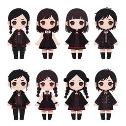 game asset sheet, 2 d sprite, cute goth punks, chibi gods, material study