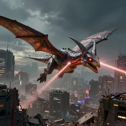 a pterodactyl shooting lasers from is eyes flying over a destroyed city cyberpunk, fantasy, 4 k, octane render