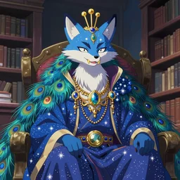 portrait from an anime of a furry ethereal colorful blue starry fox peacock character, giant golden fangs, wearing star filled magic imbued mage robes, wearing lots of gold jewelry and gems, sitting in an ordinary library at night, art by yuji ikehata, background art by miyazaki, realism, detailed, proper human proportions, fully clothed