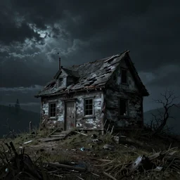 A singular rotting cottage on a mountaintop at night, horror painting, by Hubert Robert, hyperrealistic, Blender 8k UHD