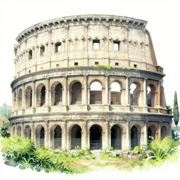 a beautiful brutalist concrete roman ruins, with exuberant vegetation, art watercolor by yoshitaka amano, trending on artstation