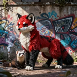 furry _ fandom _ fursona ( red - and - black, weasel - ferret - stoat ), graffiti _ background ( smoke ), medium ( spray _ paint, favela _ wall )