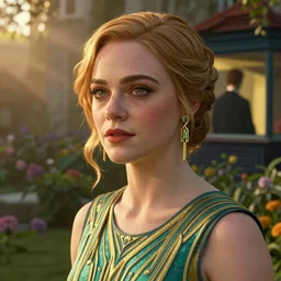 Elle Fanning, head and shoulders masterpiece, in Fallout 3, golden hour, in a garden, artstation, in the style of Art Deco and Edward Hopper and Bosch, extremely detailed