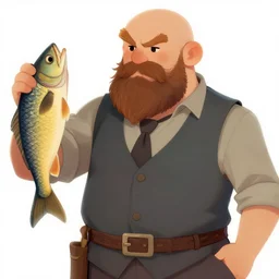 wow! fanart bearded and bald man with a fish in his hand, d & d, high fantasy, detailed, digital art, artstation, smooth, sharp focus, art by artgerm, greg rutkowski, alphonse mucha