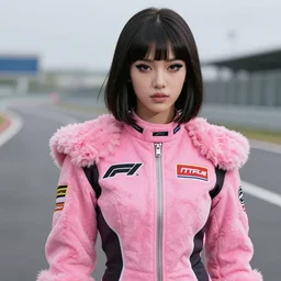 youthful female blade runner demure, perfect mascara, exquisite features, feminine cut, frontiers in flight pink fur jumpsuit, covered in f 1 racing team brand logos