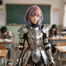 real photograph of a hyperrealistic ultradetailed anime girl dressed in steel plate armor, cute, physically textured, inside of a cluttered classroom, ray traced, shadow mapping, made by wlop, trending on artstation, dyed hair, rendered, lifelike human, k - pop person, cottagecore, unreal engine 5, extremely immersive, sharp focus