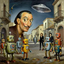 salvidor dali painting of 1 9 5 0 s scifi, tin toy robots, ufo, flying saucer, moon, meninblack, steampunk, alley, streets, nicoletta ceccoli, mark ryden, lostfish, depth of field, hyperrealistic, octane render detailed and intricate environment