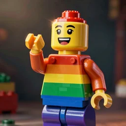 a rainbow colored Lego man who is having a laugh