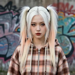 highly detailed portrait of a sewer punk lady, tartan hoody, white ringlet hair by atey ghailan, by greg rutkowski, by greg tocchini, by james gilleard, by joe fenton, by kaethe butcher, gradient peach, brown, blonde cream and white color scheme, grunge aesthetic!!! ( ( graffiti tag wall background ) )