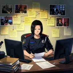 a concept art illustration of the ( ( ( ( cyberpunk ) ) ) ) police detective's desk with stacks of folders and files and the wall of crime connections and post - it notes ( ( ( crimescene photos, cases and notes ) ) ), in the anime series ergo proxy, by josan gonzalez, artstation