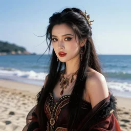 portrait of an ancient vampire queen enjoying a day at the beach, 35mm photography