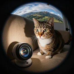 a curious cat staring at a fish eye lens camera on the couch