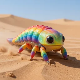 rainbow tardigrade coming out of a desert dune,photorealistic,concept art,close up,vivid,trending on artstation