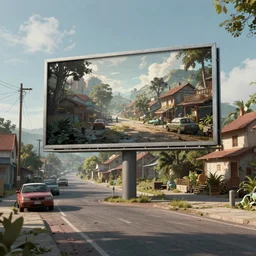 a dystopian future image of a street in a rural town, on a billboard in that same that same street in the present day