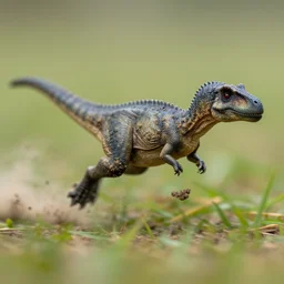 action photography, viewed from far away, award winning macro photo of a tiny ultra detailed muddy gray dinosaur running fast on a field of grass, dirt and dust, fast shutter speed, motion blur, tiny gaussian blur, highly detailed, highly intricate, depth of field, national geographic
