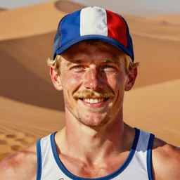 portrait painting of a smiling male blond crossfiter with a blond mustache and a french flag cap | dune du pyla, cinematic and dramatic, 8 k, crisp lines, sharp edges, vibrant colors by artgerm, cushart krenz, greg rutkowski, mucha and norman rockwell