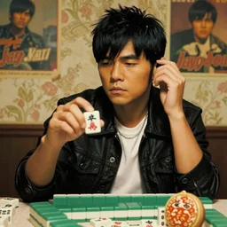 Jay Chou holding mahjong tile looking stylish, painted by Kerry James Marshall , ultra detailed, textures, wall paper patterns , romantic vintage poster, wong kar wei , Stanley Kubrick, cinematic lighting