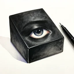 a watercolor pen light of a black box with an eye, vivid, painterly, ethereal, chiaroscuro, thick brushstrokes, ominous