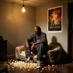 snoop dogg sitting in a catbed, popcorn all over the floor, a lightbulb hanging from the ceiling, a poster from lord of the rings on the wall, photojournalism
