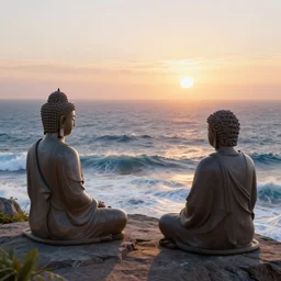 a stunning 3 d render of jesus of nazareth meditating on a cliff with buddah and fredrick nietzsche, facing away from the camera watching the sunrise over the ocean, turbulent ocean in the background, sunrise, intricate, elegant, highly detailed, artstation, ultra sharp focus, octane render, volumetric lighting, art by greg rutkowski and rembrandt