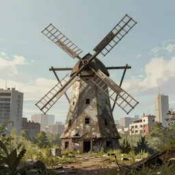 a beautiful very detailed illustration of urbex city abandoned architecture industrial architecture nature windmill building by diebedo francis kere, cgsociety apocalyptic, archdaily, wallpaper, highly detailed, trending on artstation.