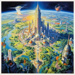 beautiful landscape mural of a great advanced futuristic city in an alien planet, futuristic landscape, vivid colors, intricate, highly detailed, masterful, fantasy world, in the style of moebius, akira toriyama, jean giraud, 8 k, crystal clear illustration,
