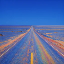 a blue desert landscape with roads of colored glittering sand, classical landscape painting, artstation, high detail, award winning, psychedelic and glittering, cinematic composition