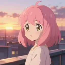 anime art, anime key visual of a cute anime girl with pink hair and big eyes, city rooftop at sunset with clouds, golden hour sunset, background blur bokeh!, beautiful lighting, high quality illustration, studio ghibli