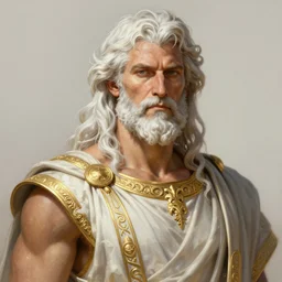 painted portrait of ruggedly handsome zeus greek god by greg rutkowski gaston bussiere [ long white hair ] focused on face, muscular physique masculine manly mature, robe fantasy intricate elegant detailed digital painting concept art artstation sharp focus illustration gold paint