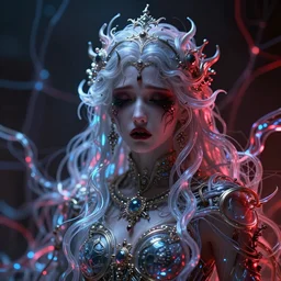 beautiful portrait of the priestess of pain and sorrow, intricate tendrils forming a string structure, chaotic swirling ferrofluids, occult, octane render, glow, surreal dramatic lighting, intricate fine ornaments, translucent, lighting 8k, cinematic, blur, shallow depth of field, neuro web, plasma, neon, glimpse of red