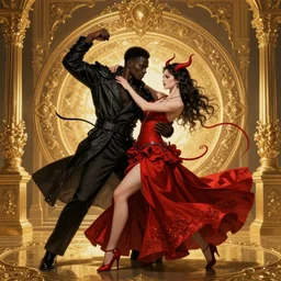 black man and a female devil in red dress dancing, Dark Souls 3 themed, in style of Ruan Jia, insanely detailed and intricate, golden ratio, elegant, ornate, luxury, elite, matte painting, cinematic, cgsociety, James jean, Brian froud, ross tran, Laputa