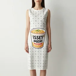 woman wearing a cup ramen dress designed by issey miyake