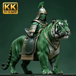 a large dark - green tiger wearing a royal battle saddle and helm, photo realistic, 4 k