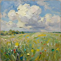 oil paint impasto reliefs summer fields, super realistic, painted with thick expressive paint and cumulus clouds, some splattered paint, by pre - raphaelite brotherhood, by richard dadd, oil paint, dripping paint, splatter paint
